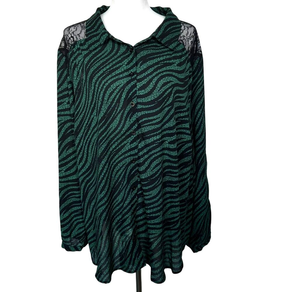 TORRID 4XL Sheer Green Black Button up Blouse Top 3/4 Sleeve Lace Zebra Stripe